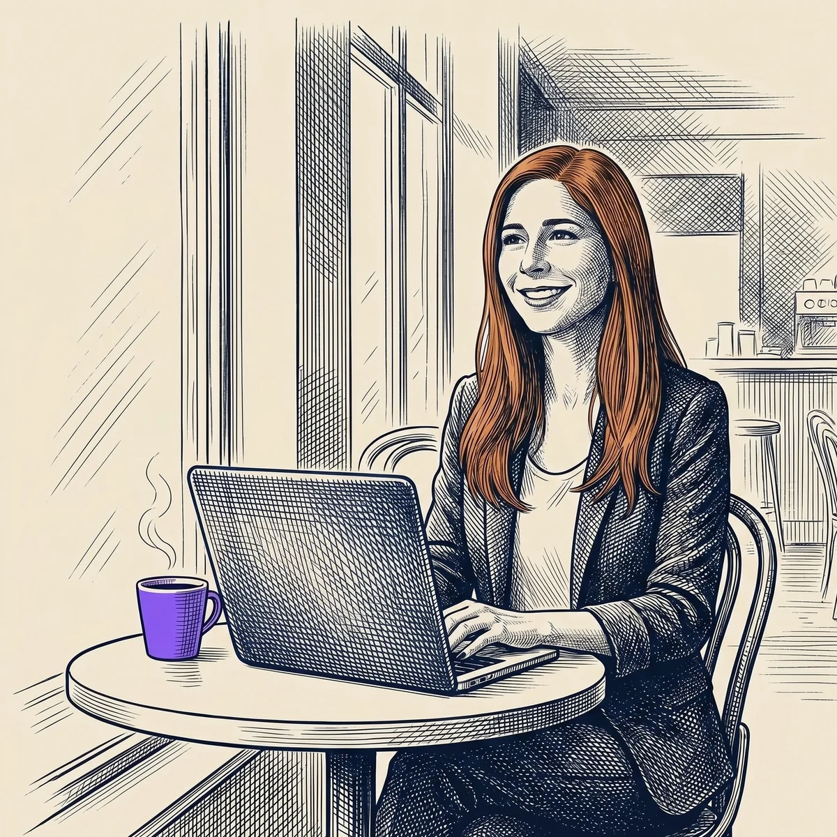 Engraving of Olivia Atkin working at a cafe