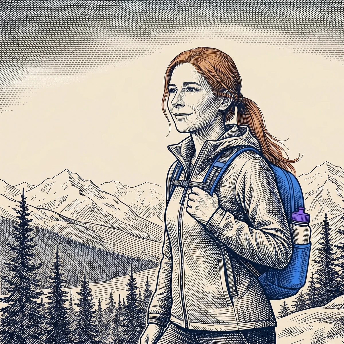Engraving of Olivia Atkin hiking an Alaska mountain trail