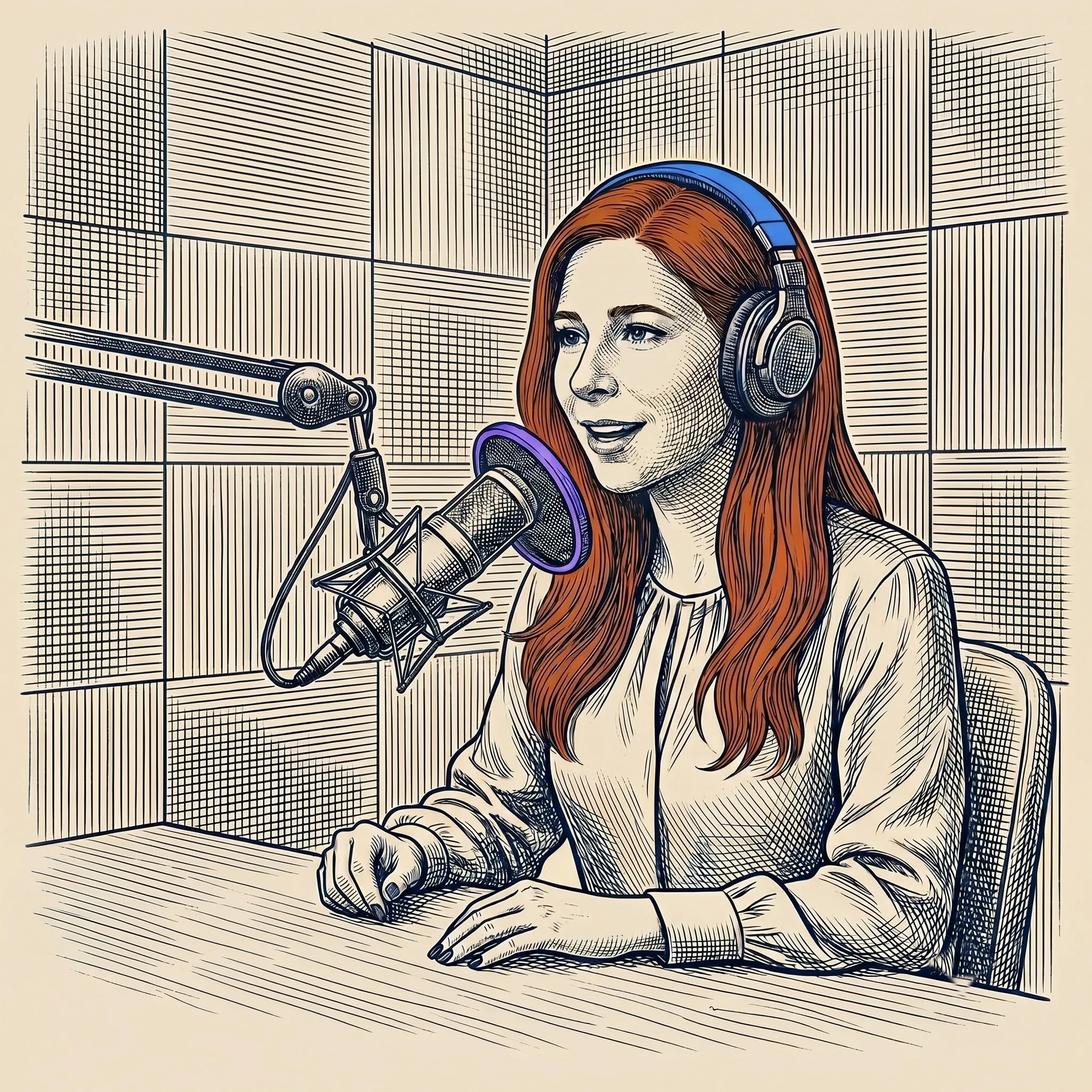 Olivia Atkin recording a podcast episode at her studio desk