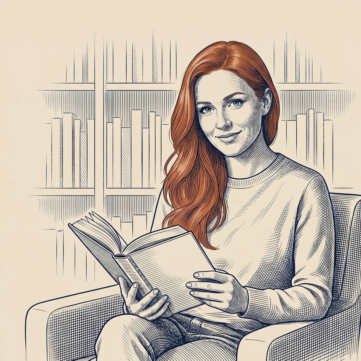 Olivia Atkin reading in front of a bookshelf
