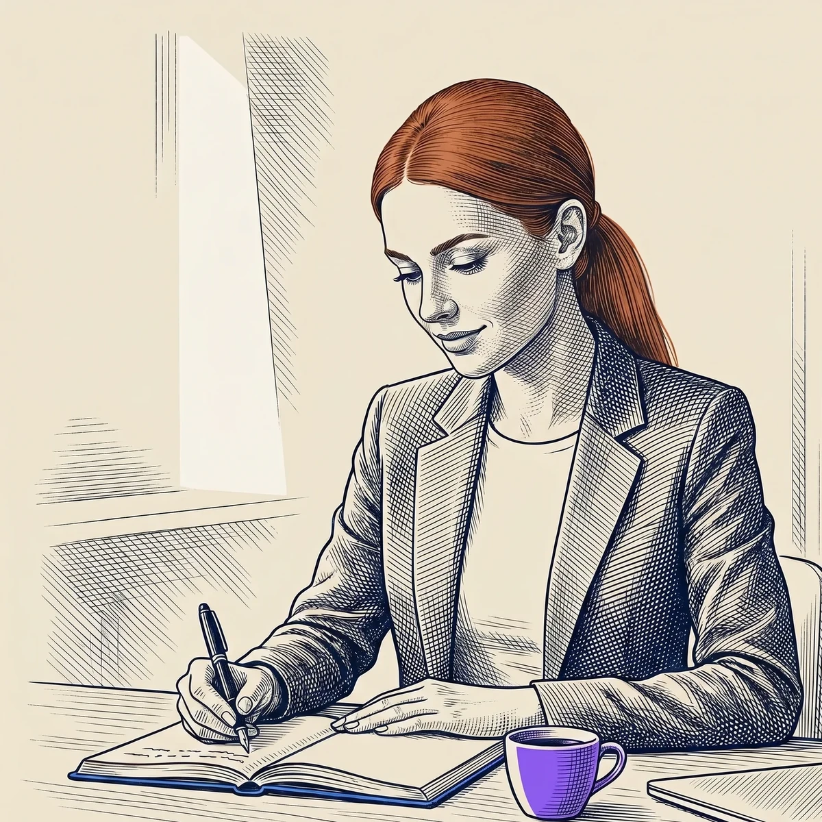 Engraving of Olivia Atkin writing at her desk