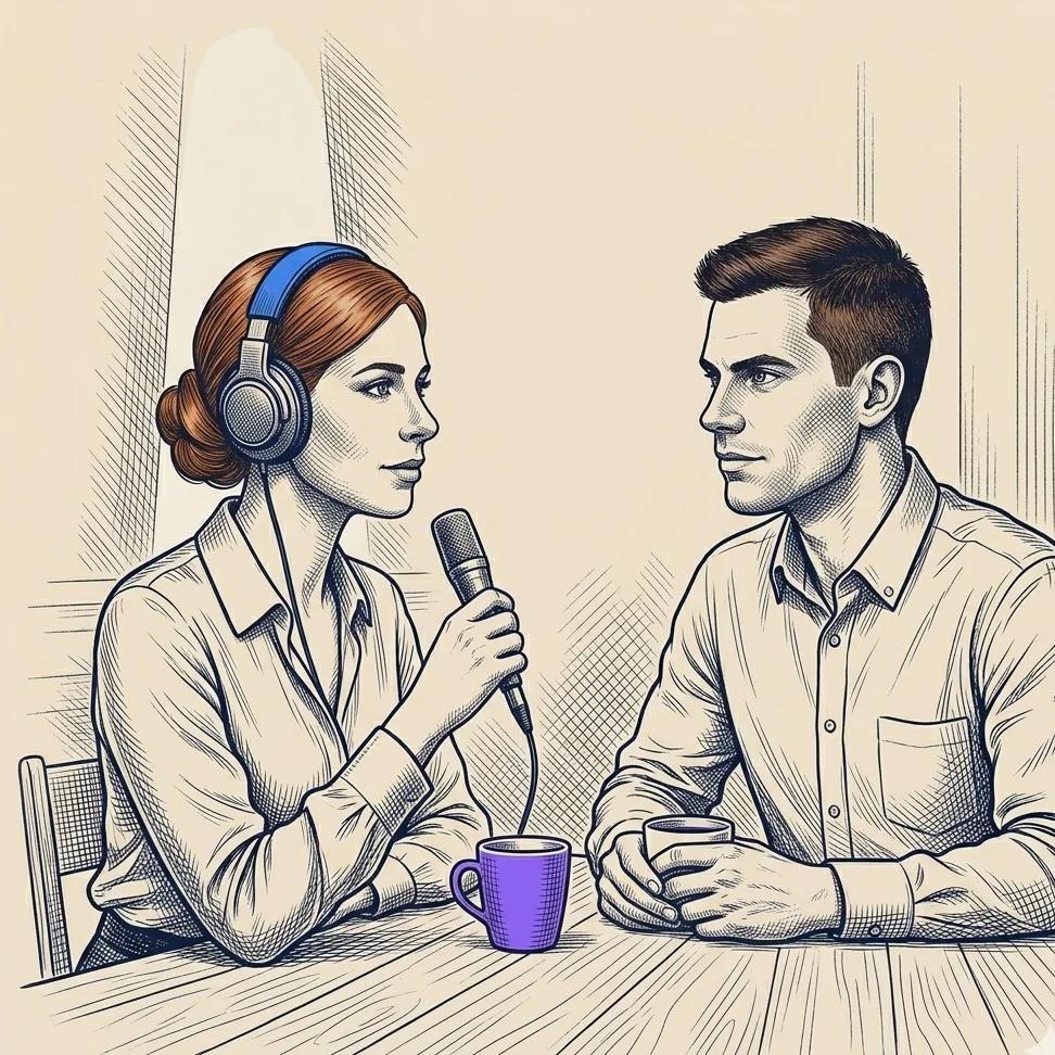 Olivia Atkin interviewing a podcast guest across the table